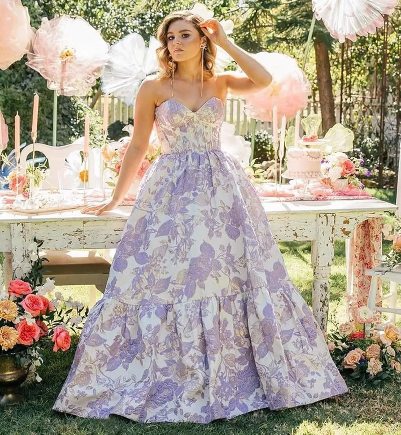 Floral Satin Prom Dresses for Women Strapless Jacquard Corset Formal Evening Party Gowns with Pockets