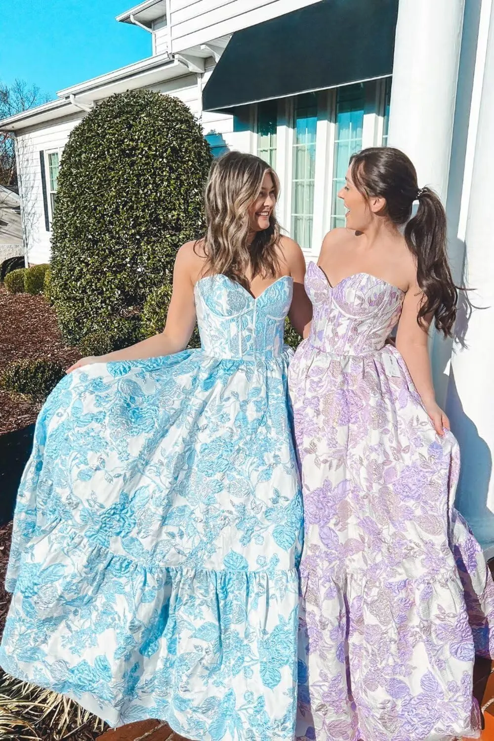 Floral Satin Prom Dresses for Women Strapless Jacquard Corset Formal Evening Party Gowns with Pockets