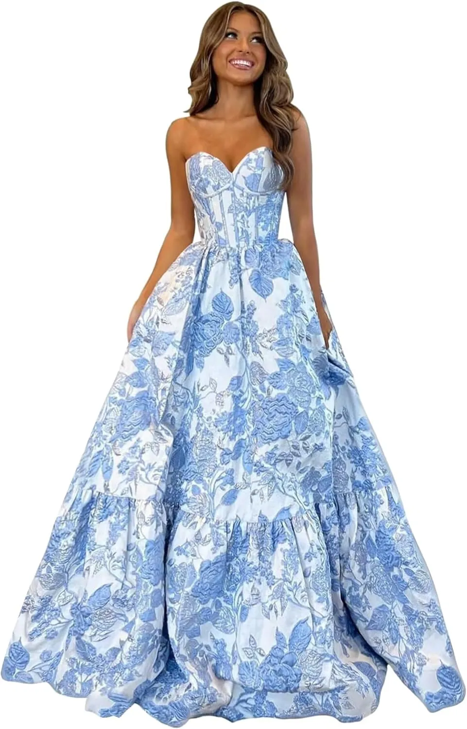 Floral Satin Prom Dresses for Women Strapless Jacquard Corset Formal Evening Party Gowns with Pockets