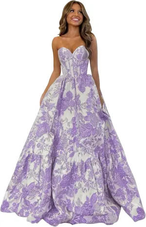 Floral Satin Prom Dresses for Women Strapless Jacquard Corset Formal Evening Party Gowns with Pockets