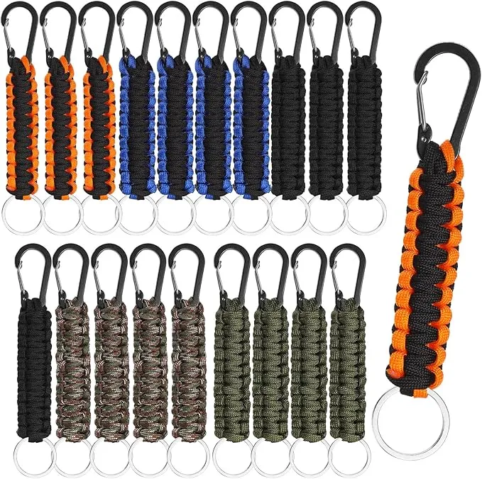 Fumete 20 Pcs Paracord Keychain Military Braided Keychain Clip with Strap Paracord Backpack Strap with Chain Hooks for Women Men Camping Fishing Hiking Backpacking Keys Hanger, 5 Styles