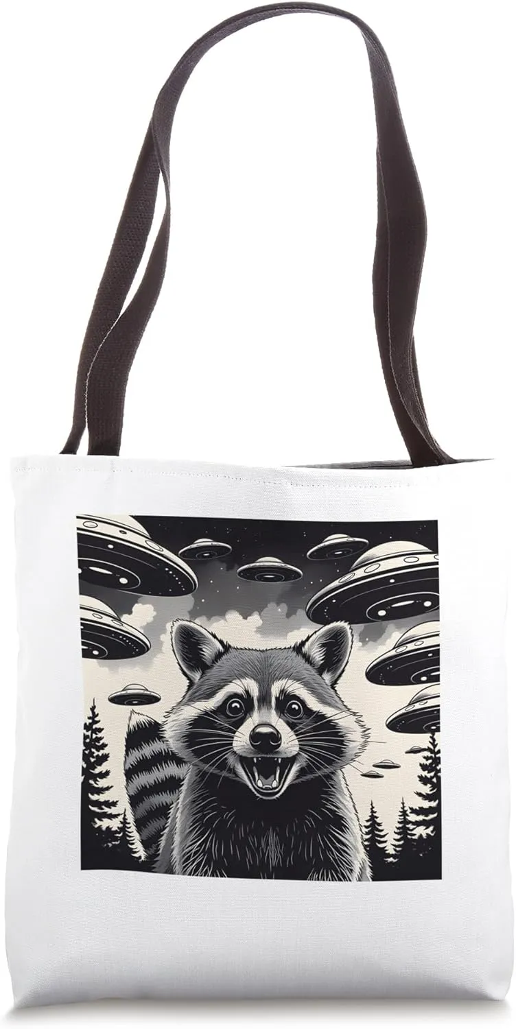 Funny Raccoon alien invasion forest excited raccoon comic Tote Bag