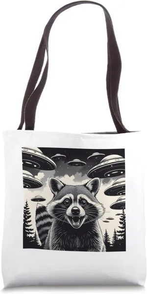 Funny Raccoon alien invasion forest excited raccoon comic Tote Bag