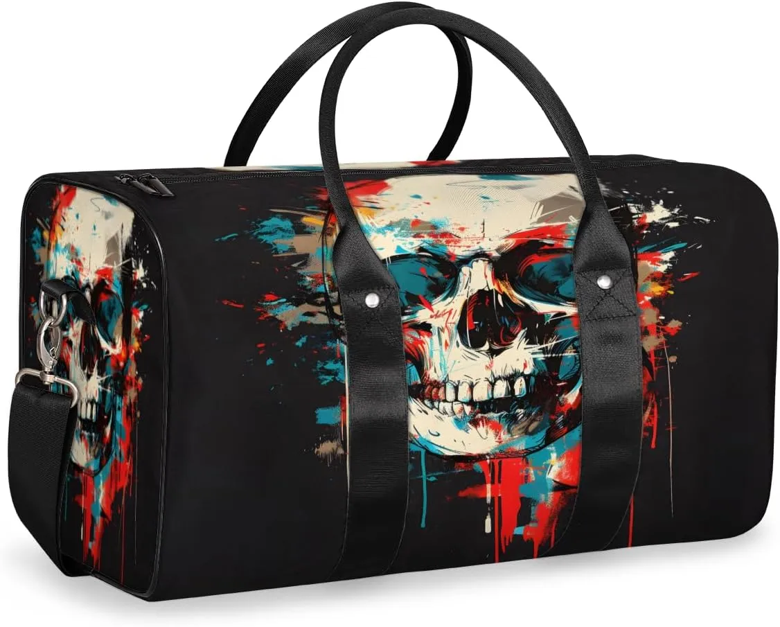 Gothic Skull Travel Duffle Bag, Sports Gym Bags for Women Men, Carry On Weekender Overnight Bag, Spooky Skeleton Bone Workout Hospital Airplane Trips Bag