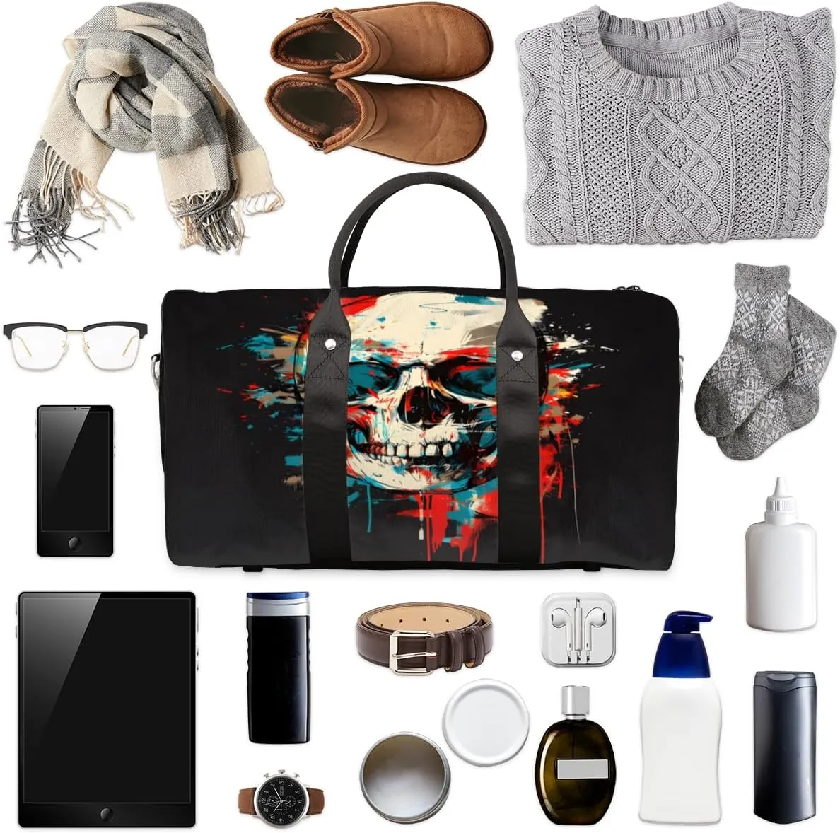 Gothic Skull Travel Duffle Bag, Sports Gym Bags for Women Men, Carry On Weekender Overnight Bag, Spooky Skeleton Bone Workout Hospital Airplane Trips Bag