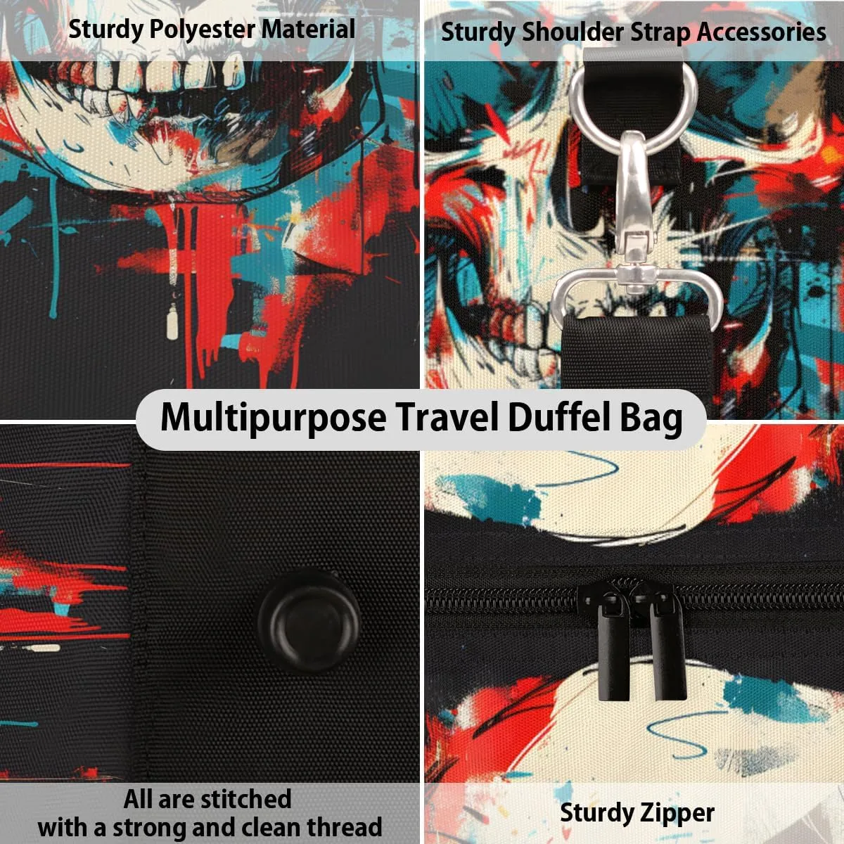 Gothic Skull Travel Duffle Bag, Sports Gym Bags for Women Men, Carry On Weekender Overnight Bag, Spooky Skeleton Bone Workout Hospital Airplane Trips Bag