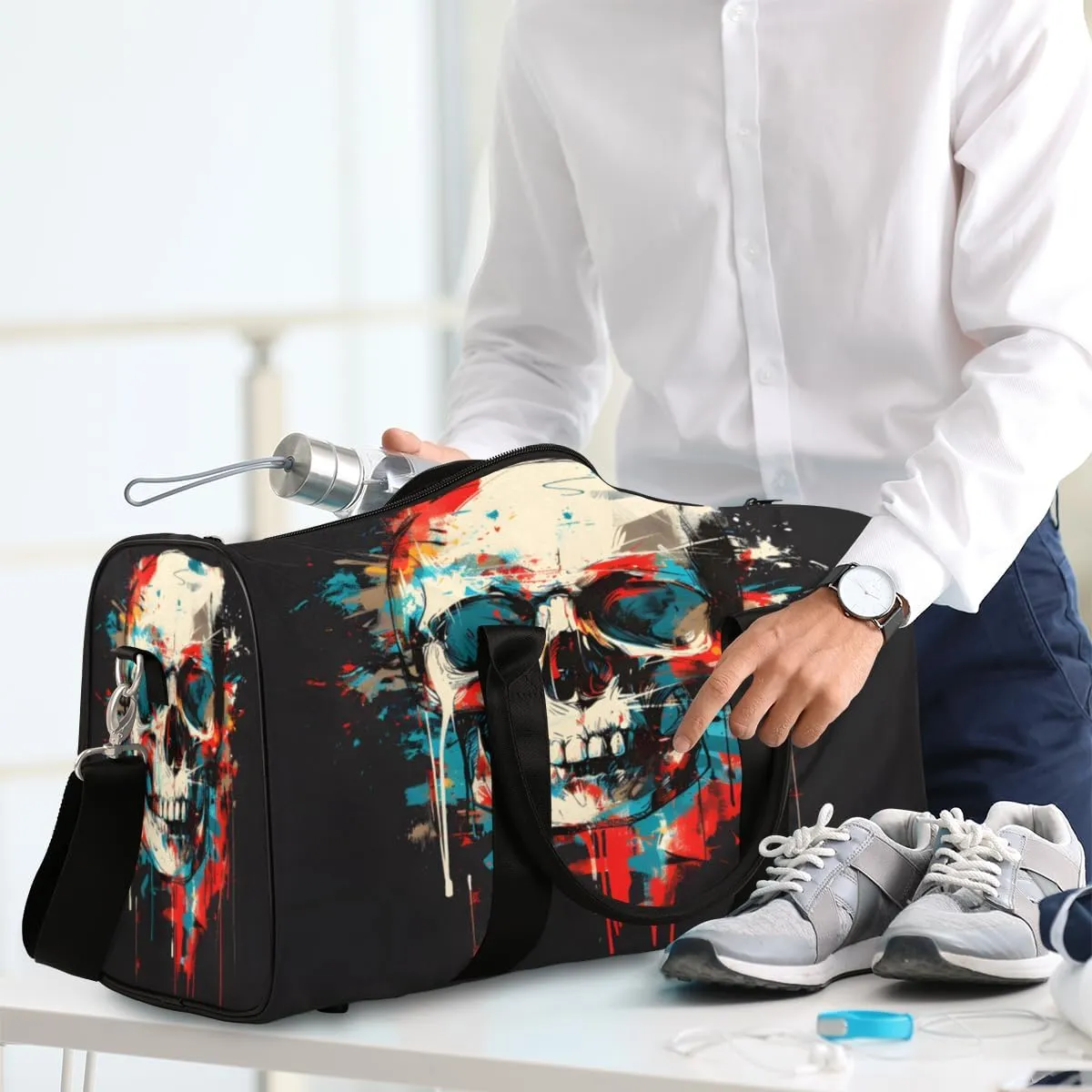 Gothic Skull Travel Duffle Bag, Sports Gym Bags for Women Men, Carry On Weekender Overnight Bag, Spooky Skeleton Bone Workout Hospital Airplane Trips Bag