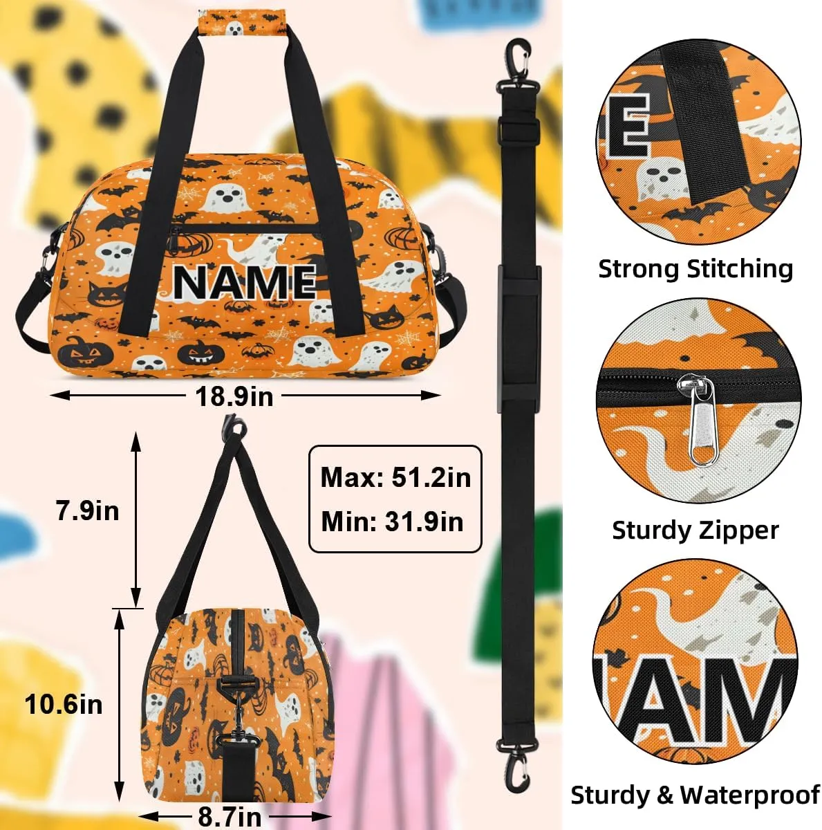 Halloween Mini Gym Bag 18 inch for Women Men Waterproof Custom Halloween Pumpkins Spooky Travel Duffel Bag Carry On Overnight Tote Nurse Bag for Work Fitness Hiking