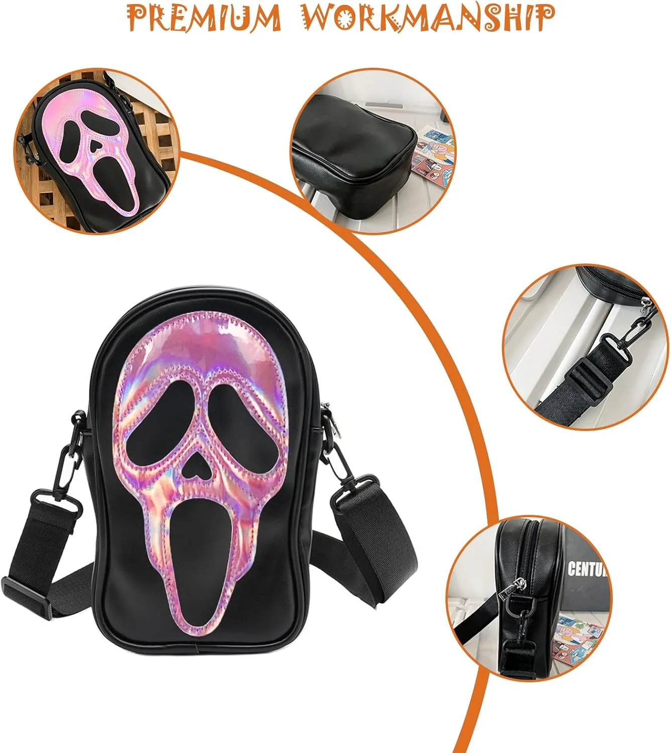 Halloween Pumpkin Crossbody Bag, Pu Leather Novelty Ghost Purse Cute Spooky Season Gothic Shoulder Bag for Women