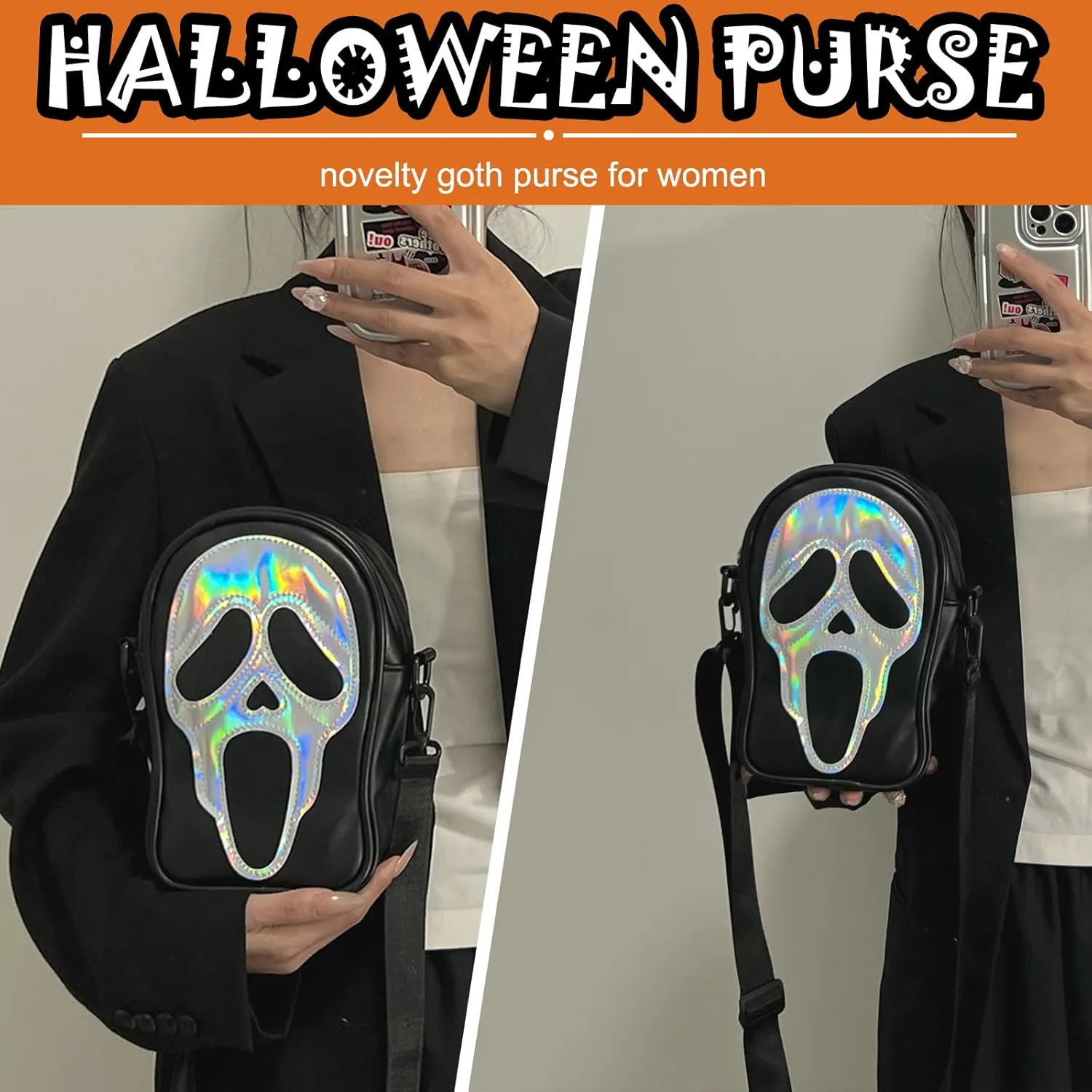 Halloween Pumpkin Crossbody Bag, Pu Leather Novelty Ghost Purse Cute Spooky Season Gothic Shoulder Bag for Women