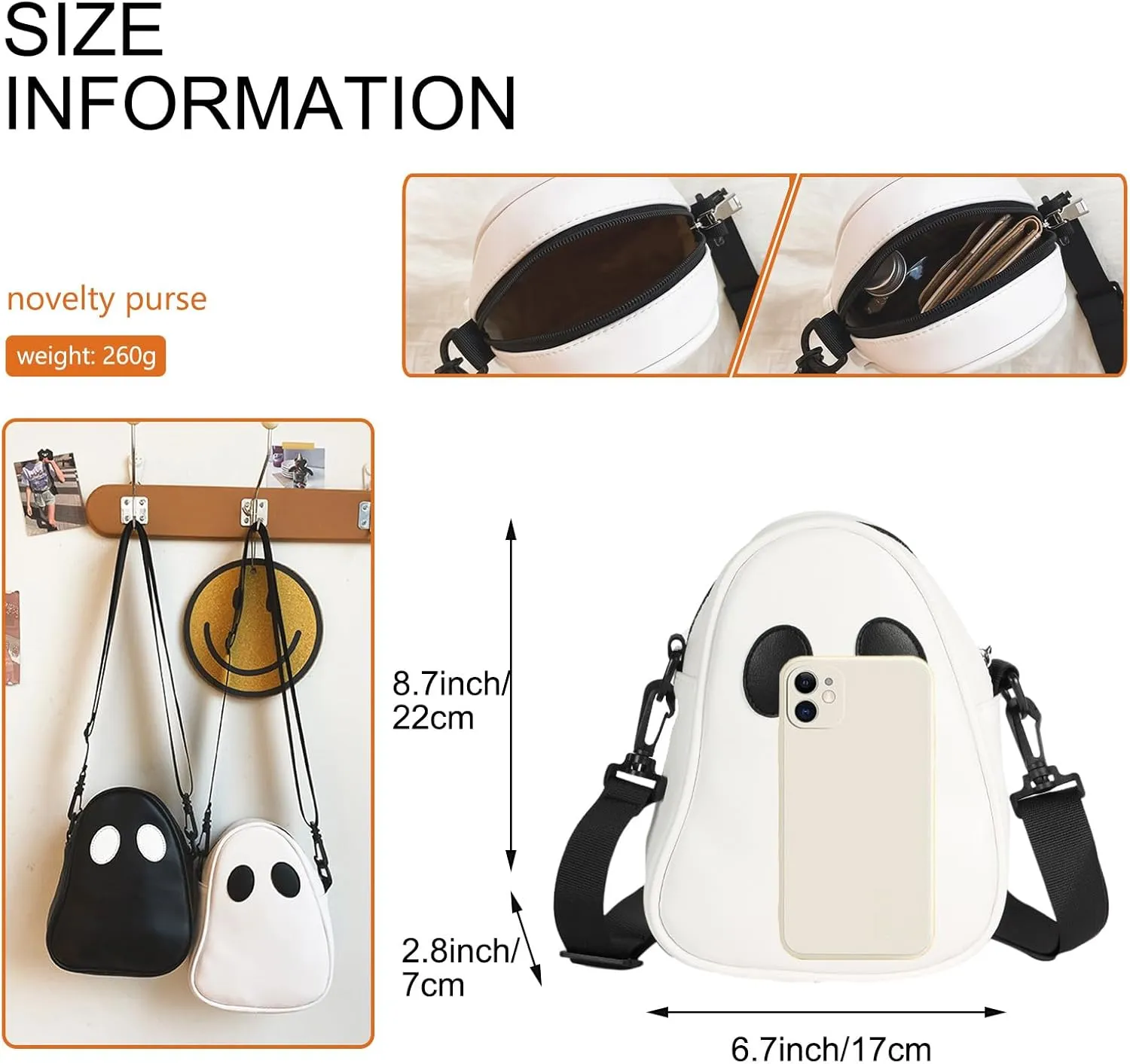 Halloween Pumpkin Crossbody Bag, Pu Leather Novelty Ghost Purse Cute Spooky Season Gothic Shoulder Bag for Women