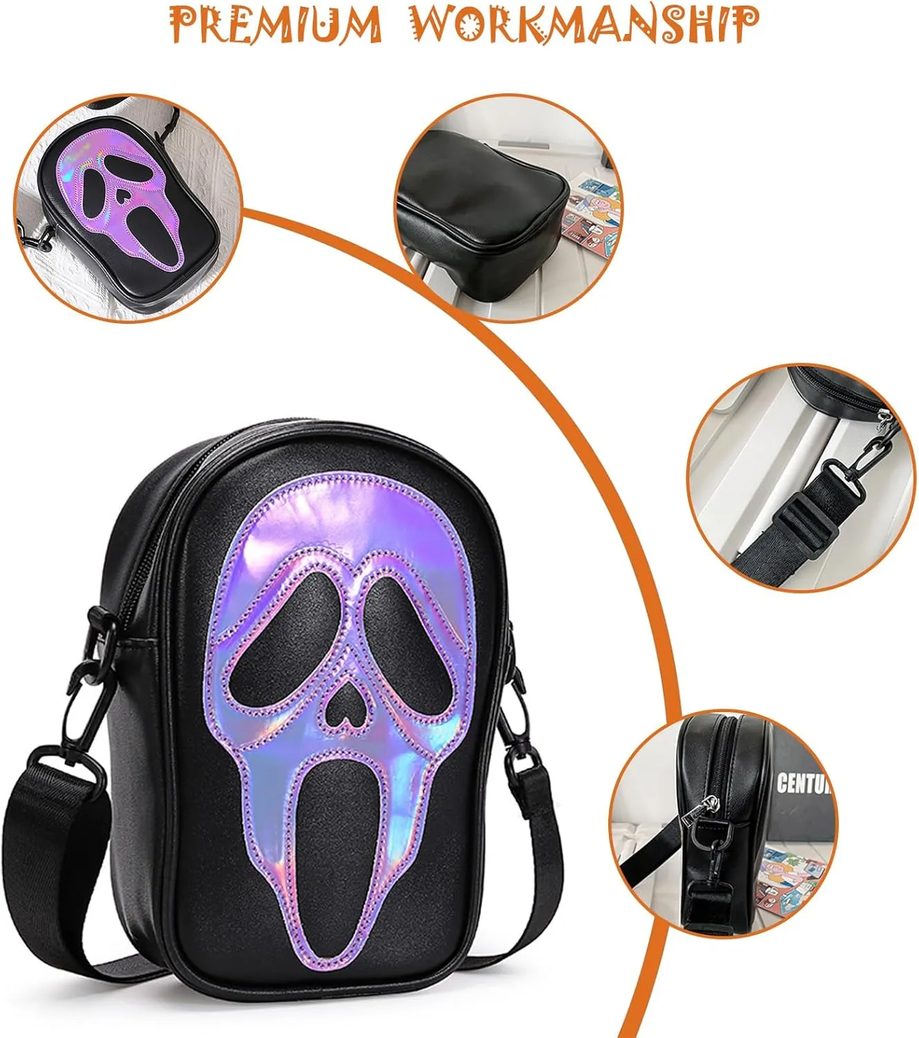 Halloween Pumpkin Crossbody Bag, Pu Leather Novelty Ghost Purse Cute Spooky Season Gothic Shoulder Bag for Women