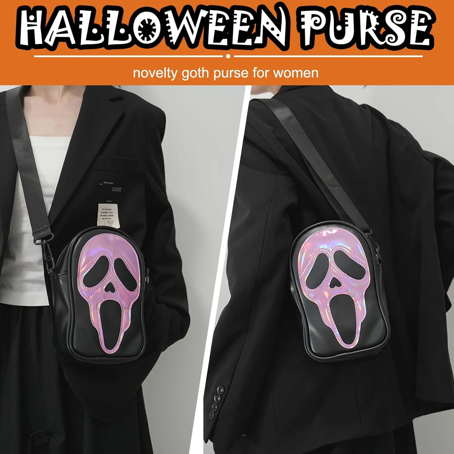 Halloween Pumpkin Crossbody Bag, Pu Leather Novelty Ghost Purse Cute Spooky Season Gothic Shoulder Bag for Women