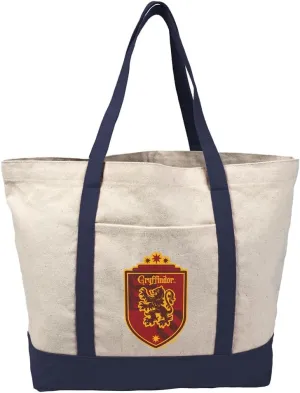 Harry Potter Gryffindor Plaid Sigil Canvas Tote Bag With External Pocket, Reusable Shoulder Bag for Shopping, Beach, Navy