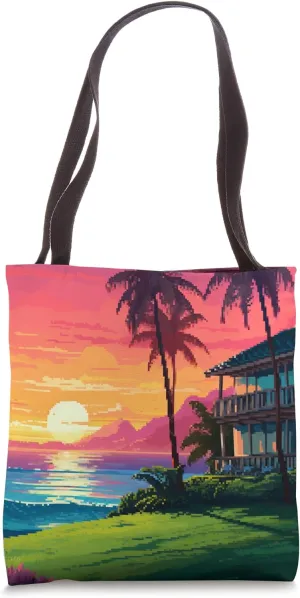 Hawaii Mansion House Sunset Retro Pixel Art Tote Bag