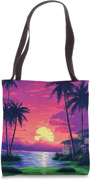 Hawaii Tropical Mansion Retro Synth Pixel Art Tote Bag