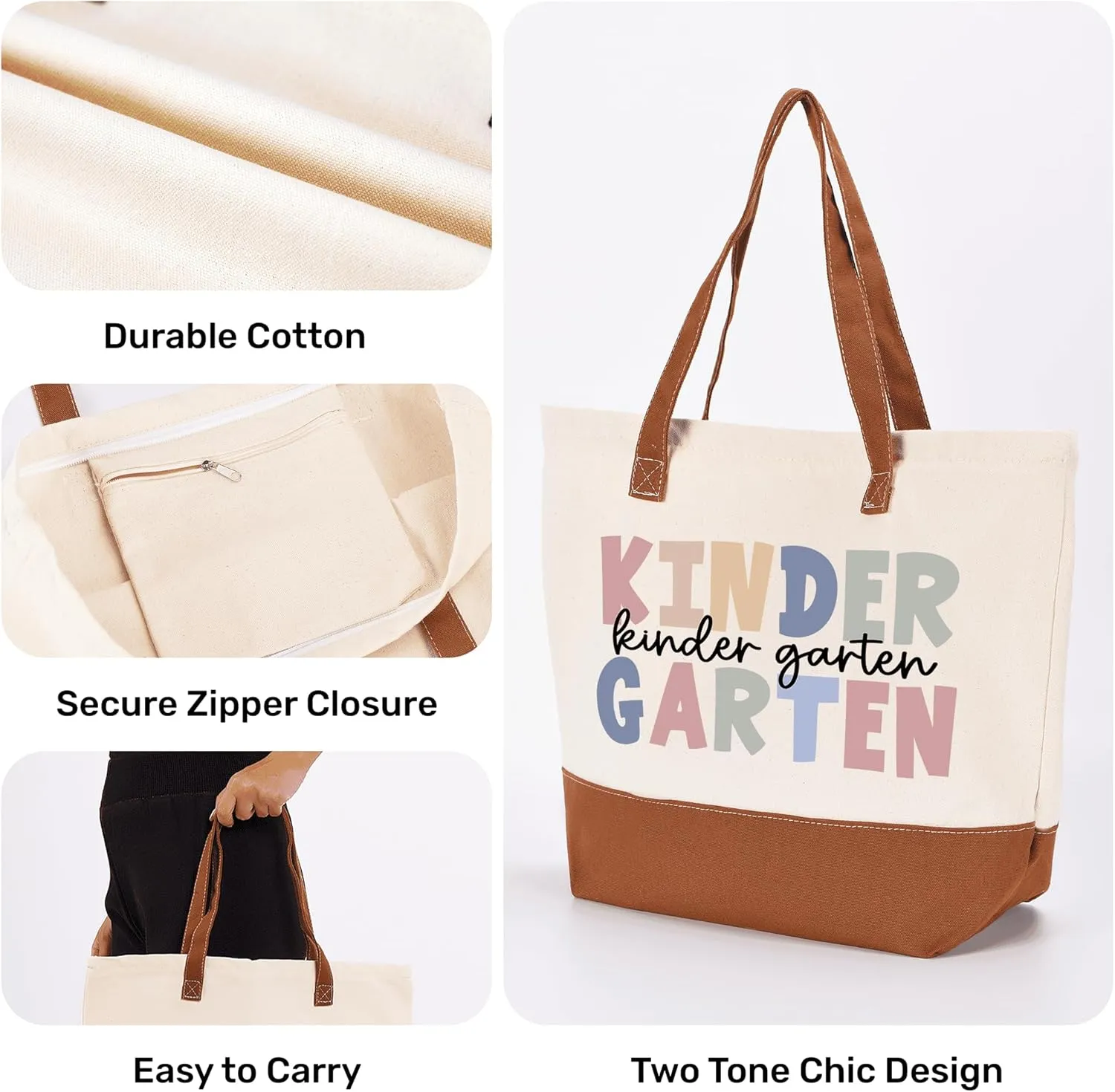 HIFA Kindergarten Teacher Tote Bag for School, Canvas Tote Bag - Top Zipper Closure - Gift for Kindergarten School Teachers