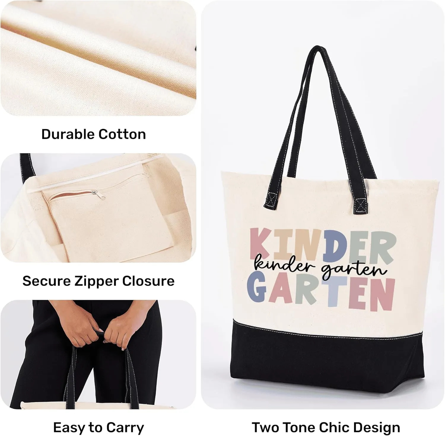HIFA Kindergarten Teacher Tote Bag for School, Canvas Tote Bag - Top Zipper Closure - Gift for Kindergarten School Teachers