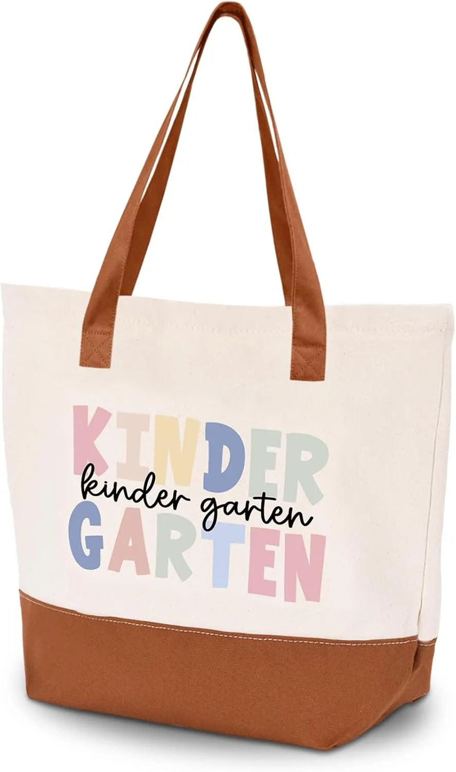 HIFA Kindergarten Teacher Tote Bag for School, Canvas Tote Bag - Top Zipper Closure - Gift for Kindergarten School Teachers