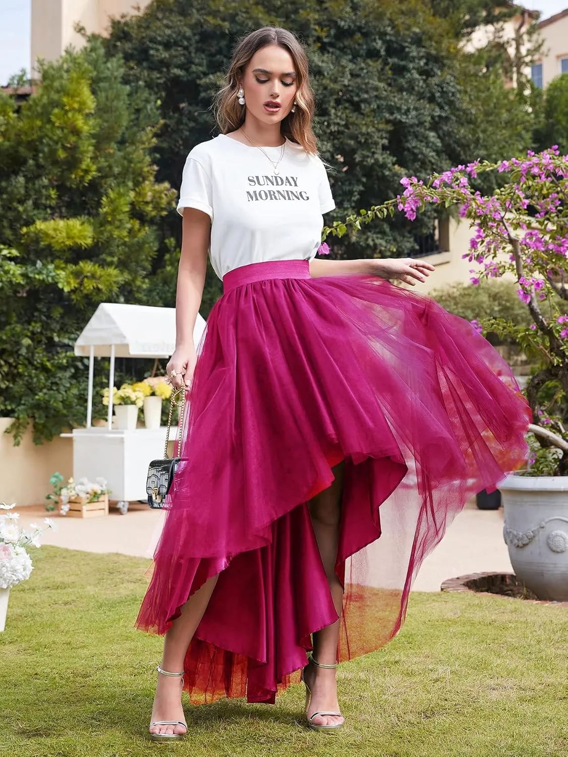 High Low Tulle Skirt for Women Lace up Wedding Party Prom Cocktail Mesh Long Tulle Skirt