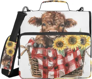 Highland Cow with Sunflowers Buffalo Plaid Zipper Binder with Handle Laege Capacity 1.5 Inch 3 Rings Portfolio Binder Bag Home Travel Cards Storage Container