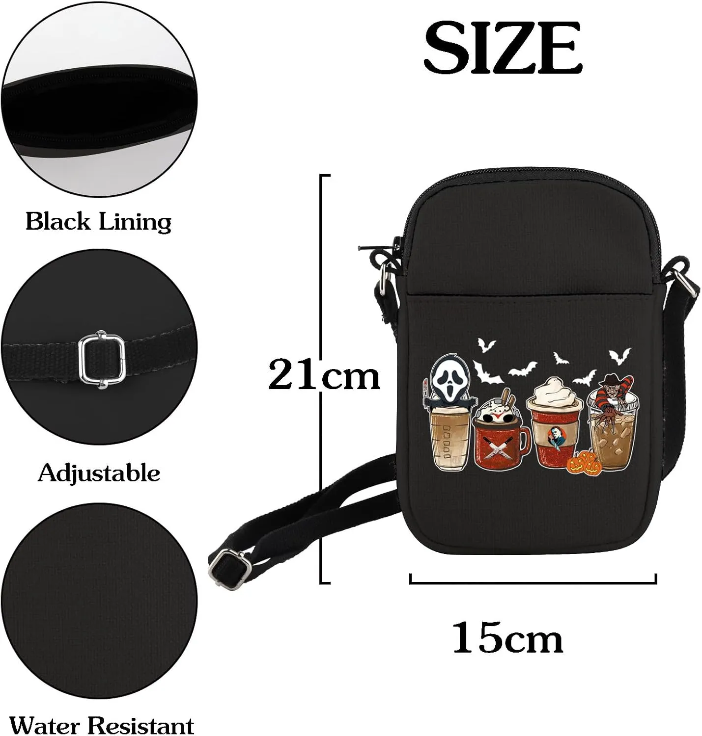 HOLLP Horror Coffee Crossbody Bag Halloween Party Gift Horror Movie Fan Small Sling Bag Spooky October Gift