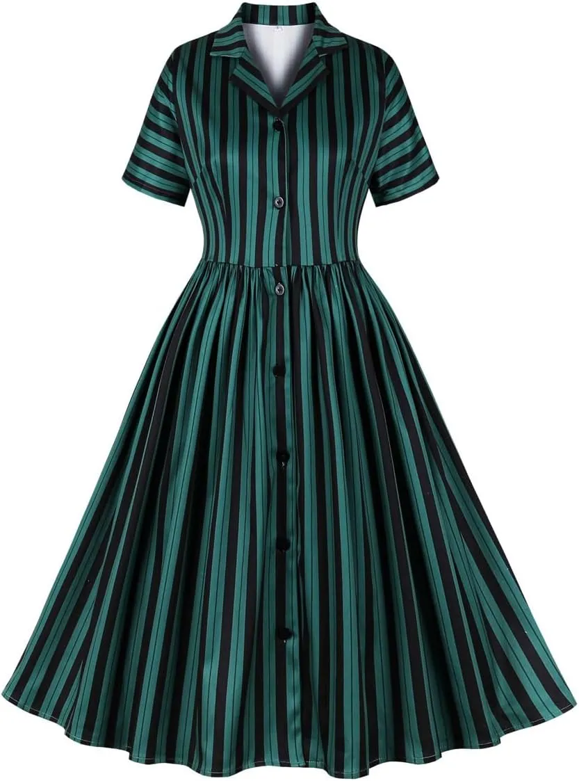 IBTOM CASTLE Women's 1950s Vertical Striped Neck Tie Vintage Button Down Cocktail Fancy Halloween Cosplay Dress