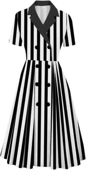 IBTOM CASTLE Women's 1950s Vertical Striped Neck Tie Vintage Button Down Cocktail Fancy Halloween Cosplay Dress