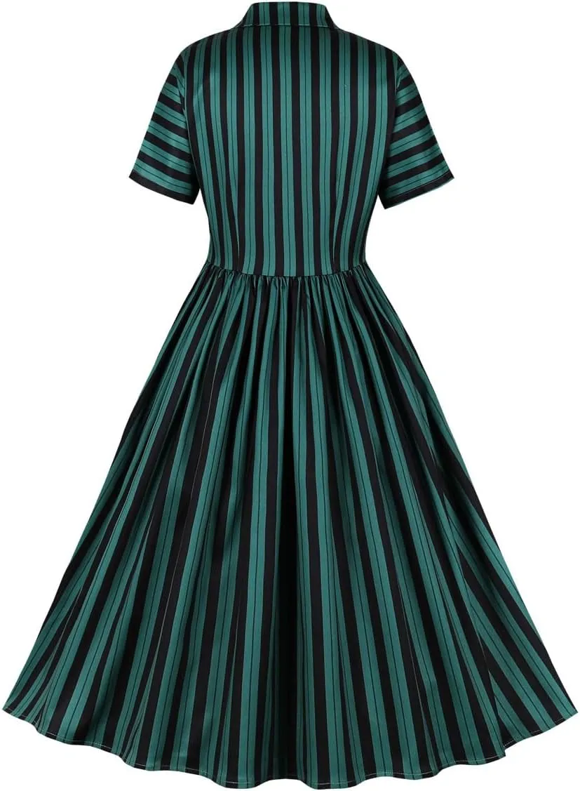 IBTOM CASTLE Women's 1950s Vertical Striped Neck Tie Vintage Button Down Cocktail Fancy Halloween Cosplay Dress