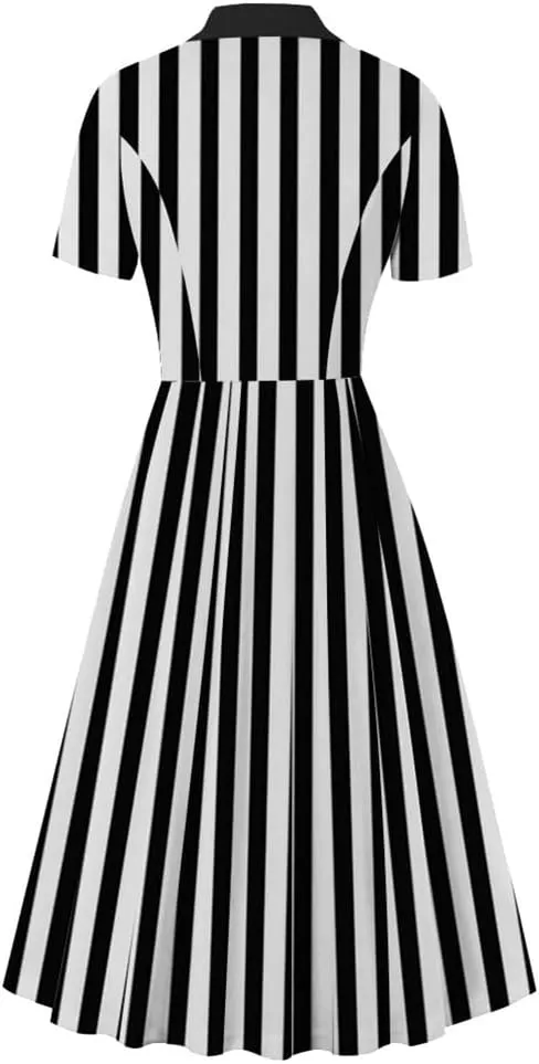 IBTOM CASTLE Women's 1950s Vertical Striped Neck Tie Vintage Button Down Cocktail Fancy Halloween Cosplay Dress