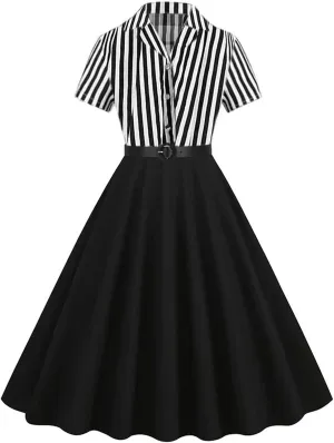 IBTOM CASTLE Women's 1950s Vertical Striped Neck Tie Vintage Button Down Cocktail Fancy Halloween Cosplay Dress