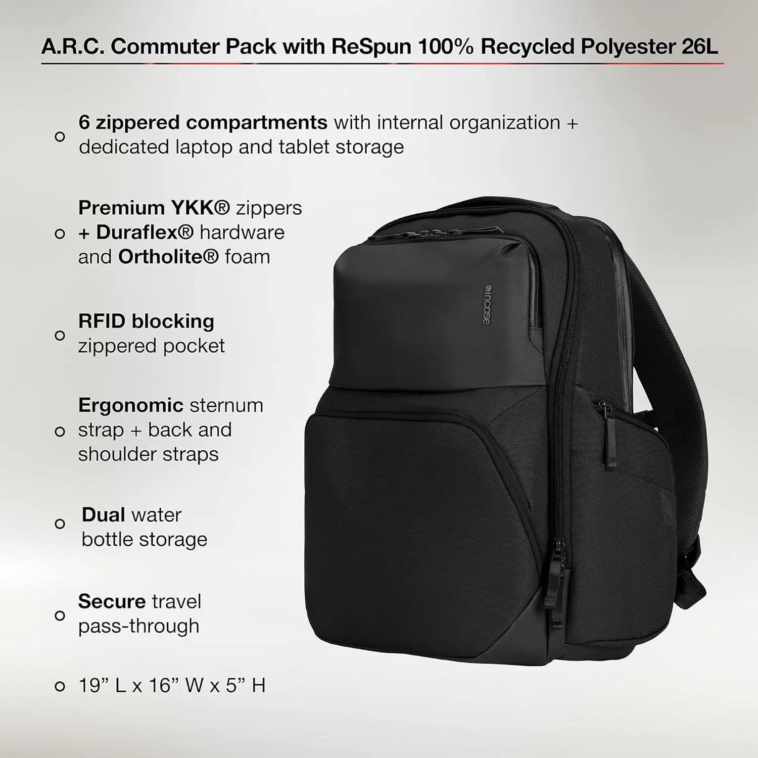 Incase A.R.C. Commuter Pack - Business Travel Backpack for Men & Women - Lightweight Carry On Laptop Bag for 16-inch MacBook Computer or iPad - TSA Approved (17.5in x 11.4in x 6.2in, 19.5L) Black