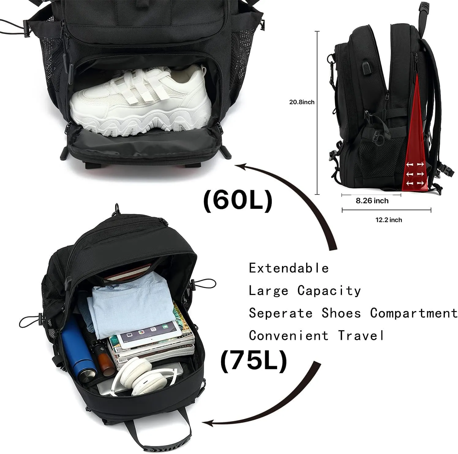INSAVANT Travel Backpack for Mens 18.3 Inch with Laptop Sleeve and Shoe Compartment, Computer Backpacks with USB Charging Port, Durable Hiking Work Business Daypack for Women(Black Black)