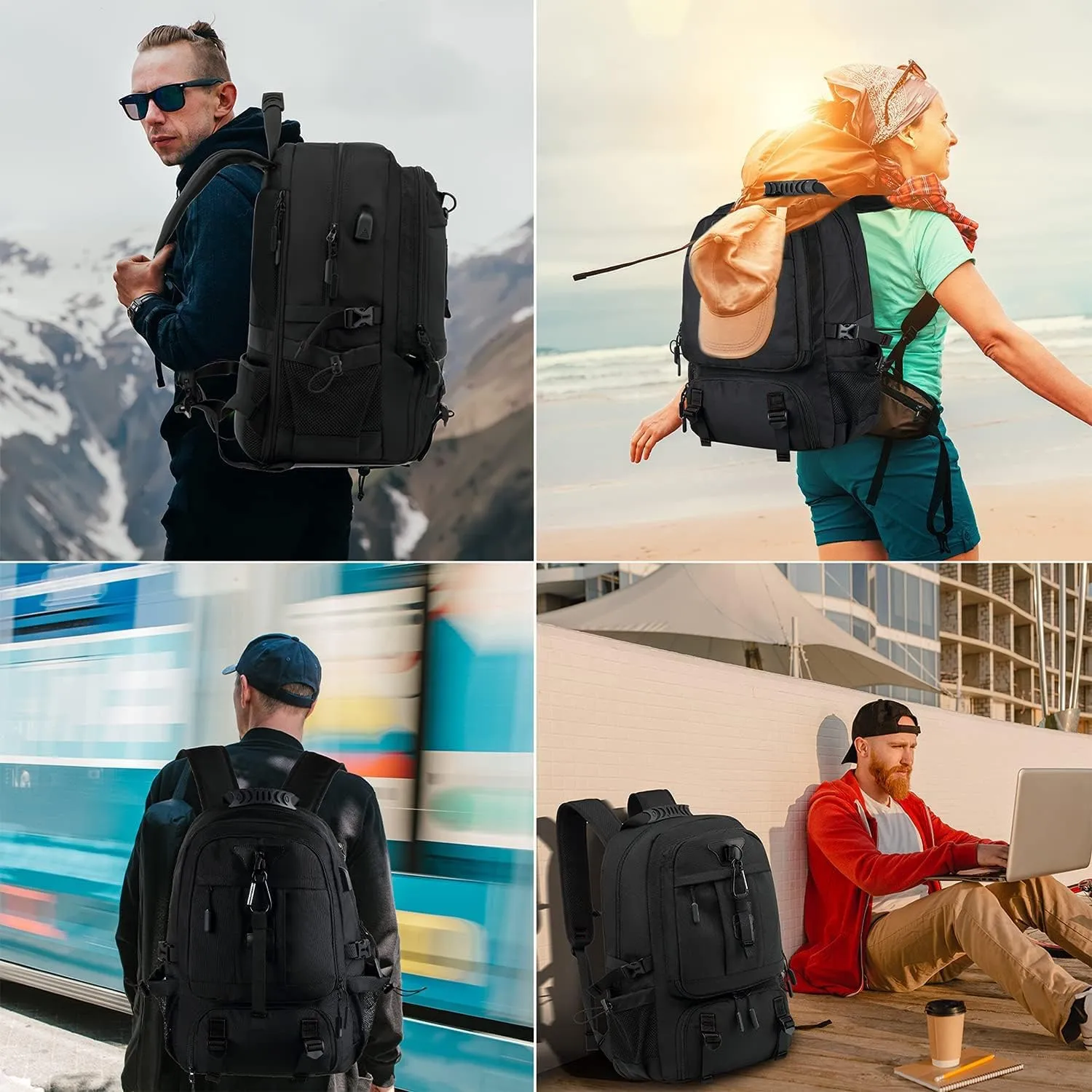 INSAVANT Travel Backpack for Mens 18.3 Inch with Laptop Sleeve and Shoe Compartment, Computer Backpacks with USB Charging Port, Durable Hiking Work Business Daypack for Women(Black Black)