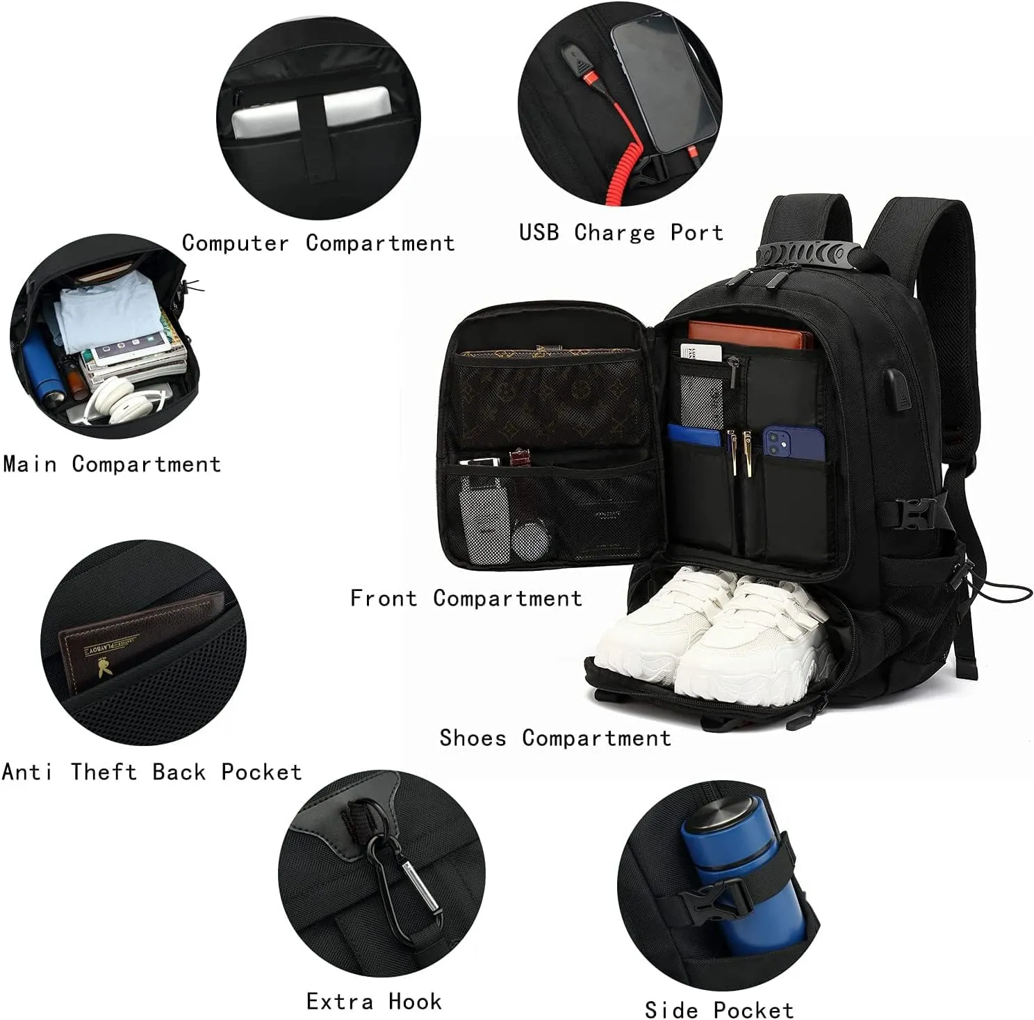 INSAVANT Travel Backpack for Mens 18.3 Inch with Laptop Sleeve and Shoe Compartment, Computer Backpacks with USB Charging Port, Durable Hiking Work Business Daypack for Women(Black Black)