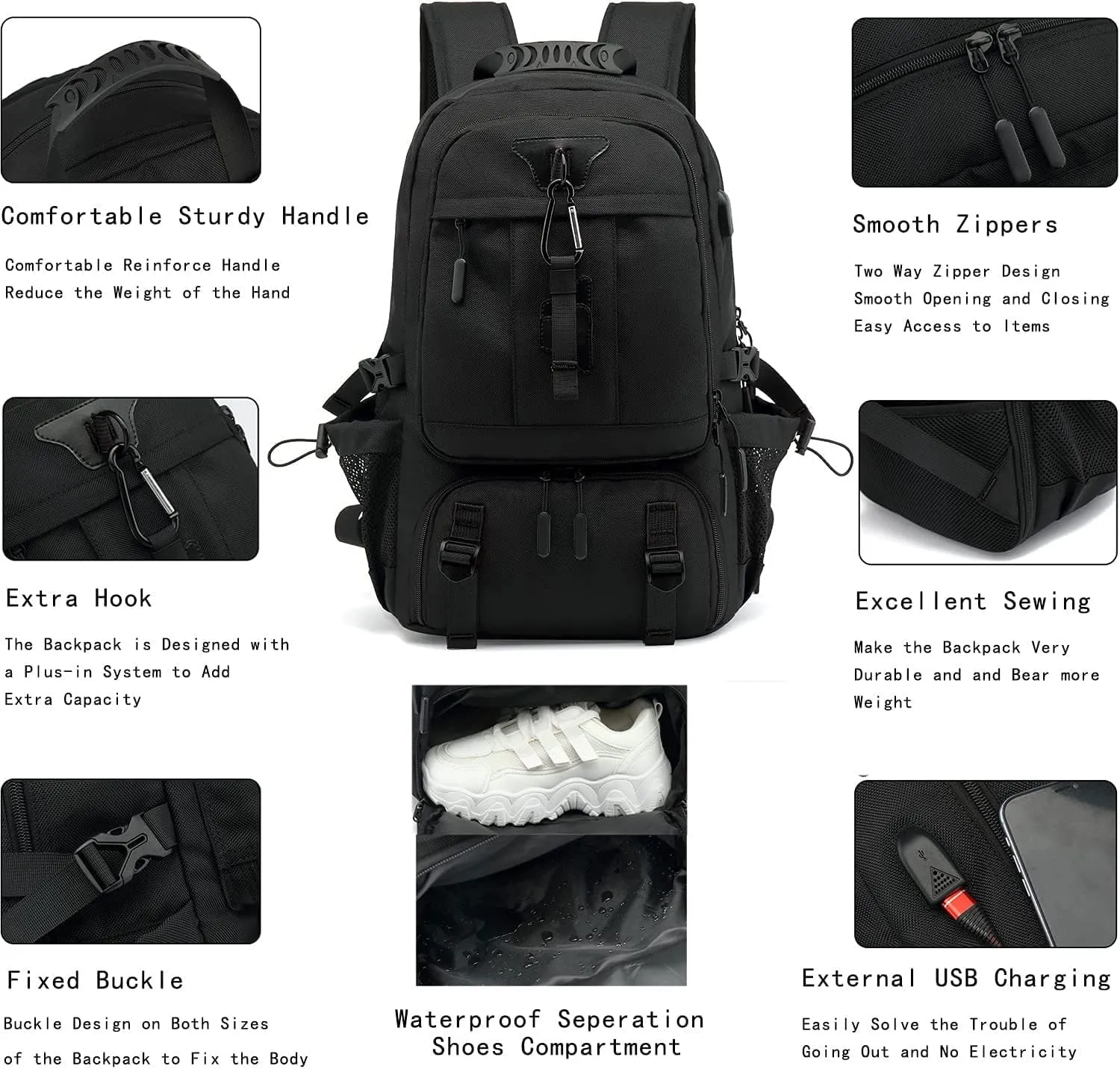 INSAVANT Travel Backpack for Mens 18.3 Inch with Laptop Sleeve and Shoe Compartment, Computer Backpacks with USB Charging Port, Durable Hiking Work Business Daypack for Women(Black Black)