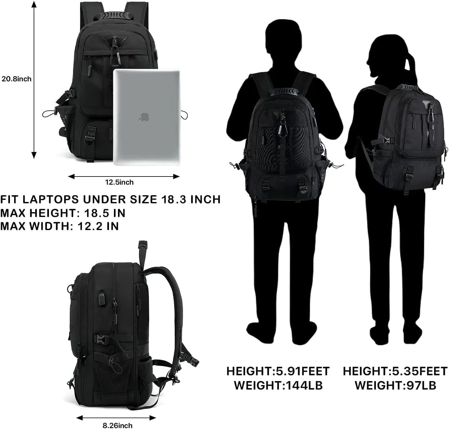 INSAVANT Travel Backpack for Mens 18.3 Inch with Laptop Sleeve and Shoe Compartment, Computer Backpacks with USB Charging Port, Durable Hiking Work Business Daypack for Women(Black Black)