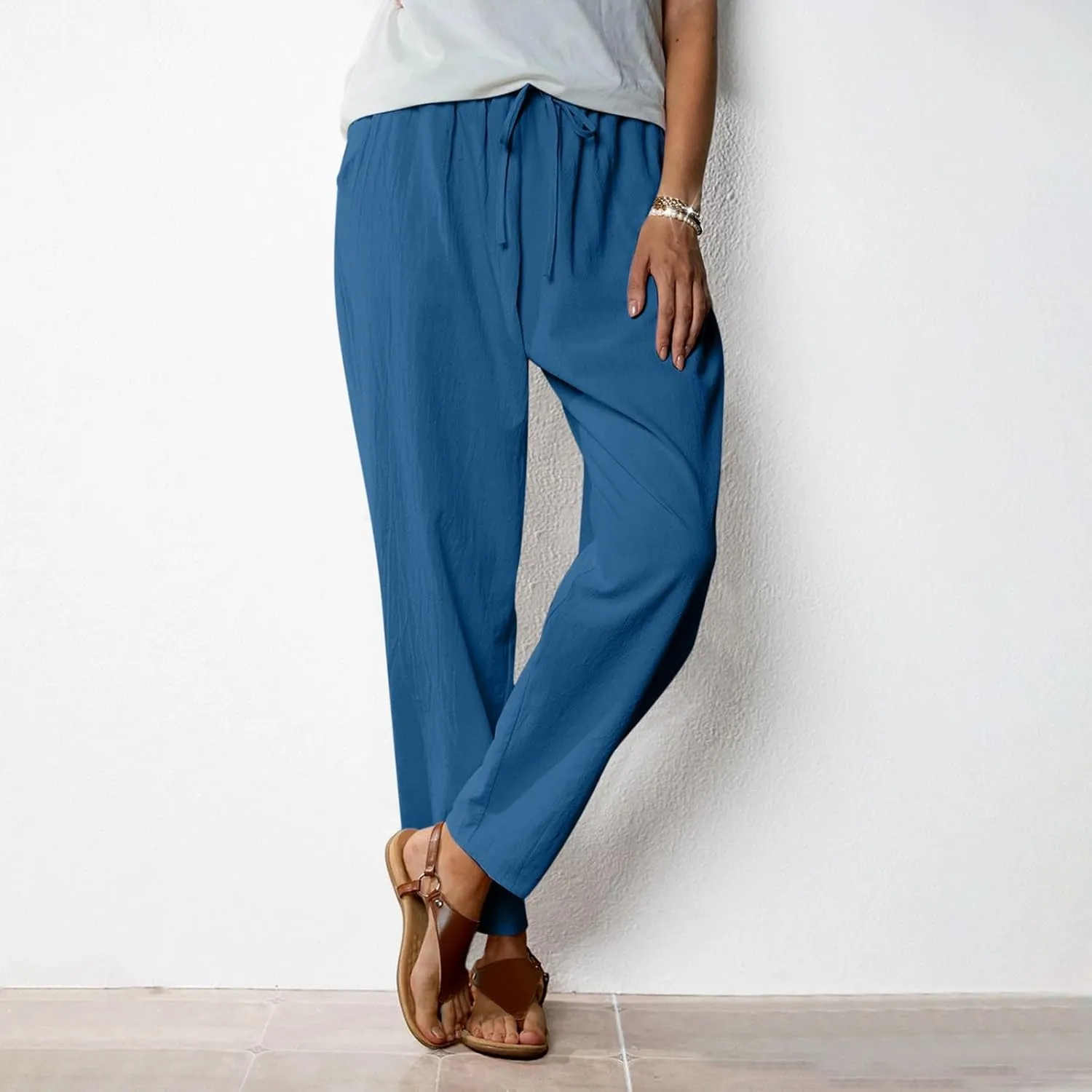 JOAU Linen Pants for Women 2025 Summer Cotton Straight Leg Drawstring High Waisted Palazzo Trousers Lounge Beach Resort Wear