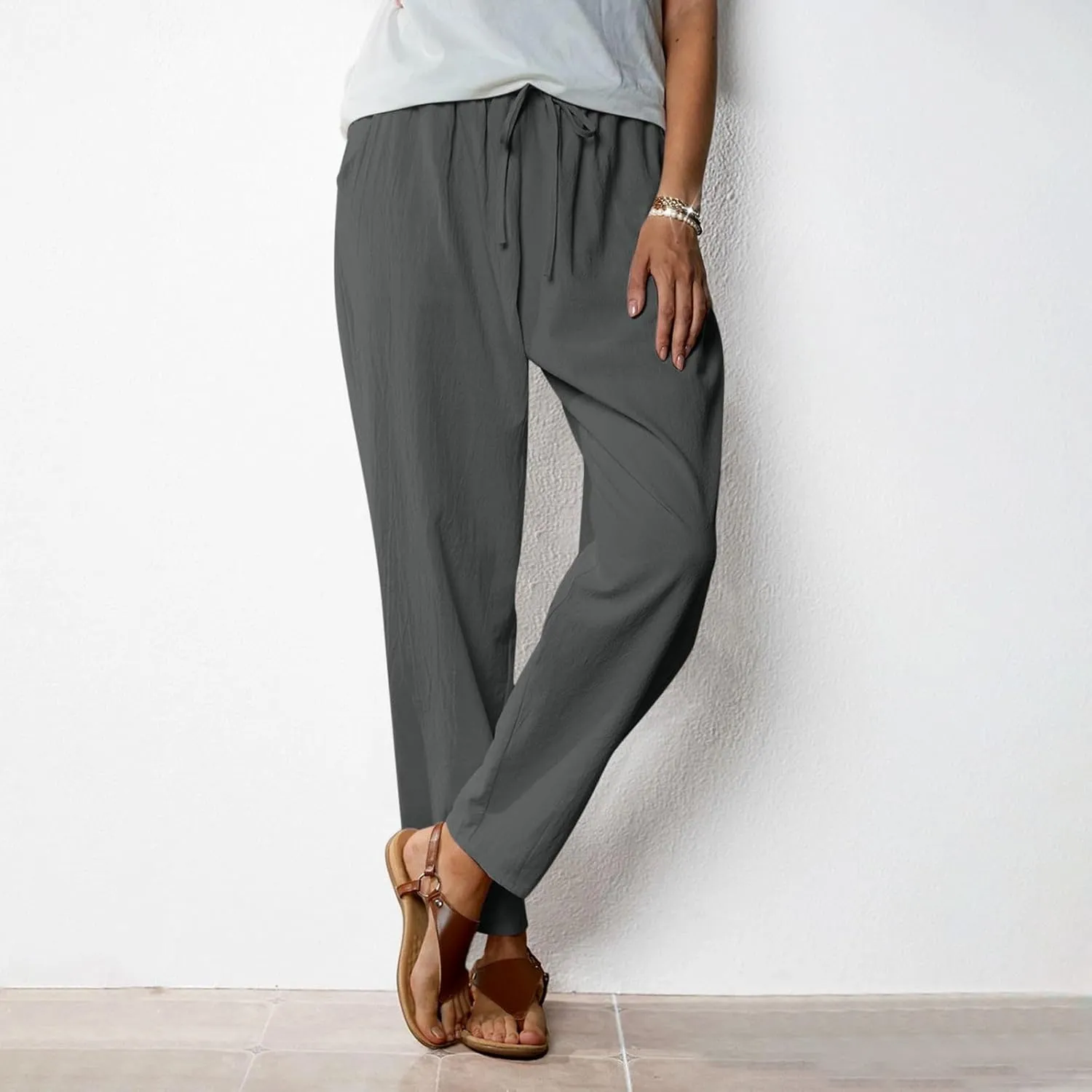 JOAU Linen Pants for Women 2025 Summer Cotton Straight Leg Drawstring High Waisted Palazzo Trousers Lounge Beach Resort Wear