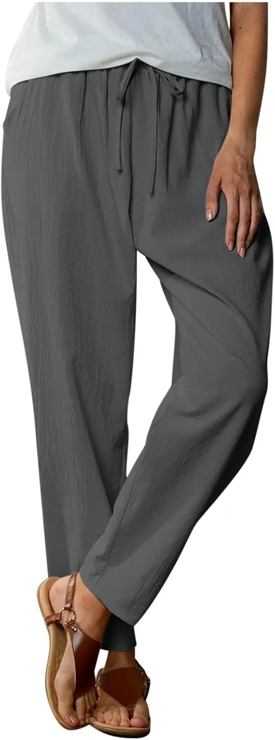 JOAU Linen Pants for Women 2025 Summer Cotton Straight Leg Drawstring High Waisted Palazzo Trousers Lounge Beach Resort Wear