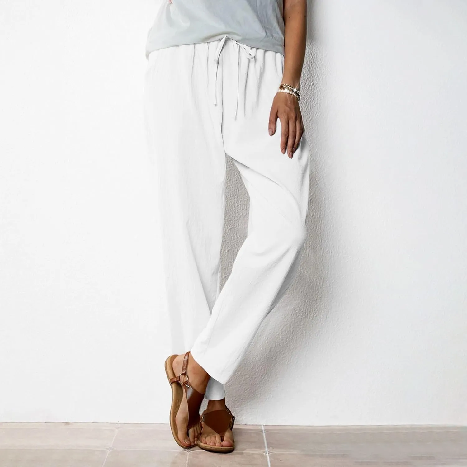 JOAU Linen Pants for Women 2025 Summer Cotton Straight Leg Drawstring High Waisted Palazzo Trousers Lounge Beach Resort Wear