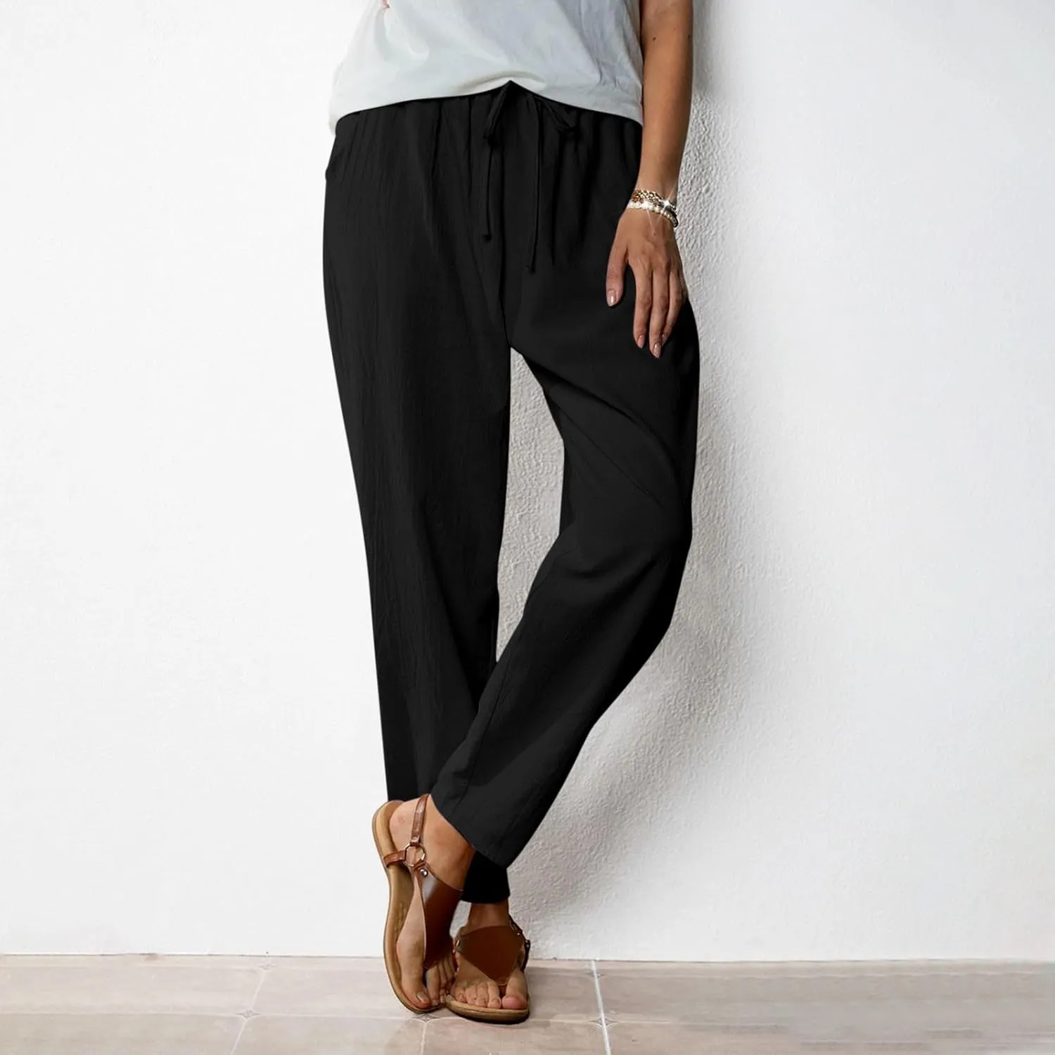 JOAU Linen Pants for Women 2025 Summer Cotton Straight Leg Drawstring High Waisted Palazzo Trousers Lounge Beach Resort Wear