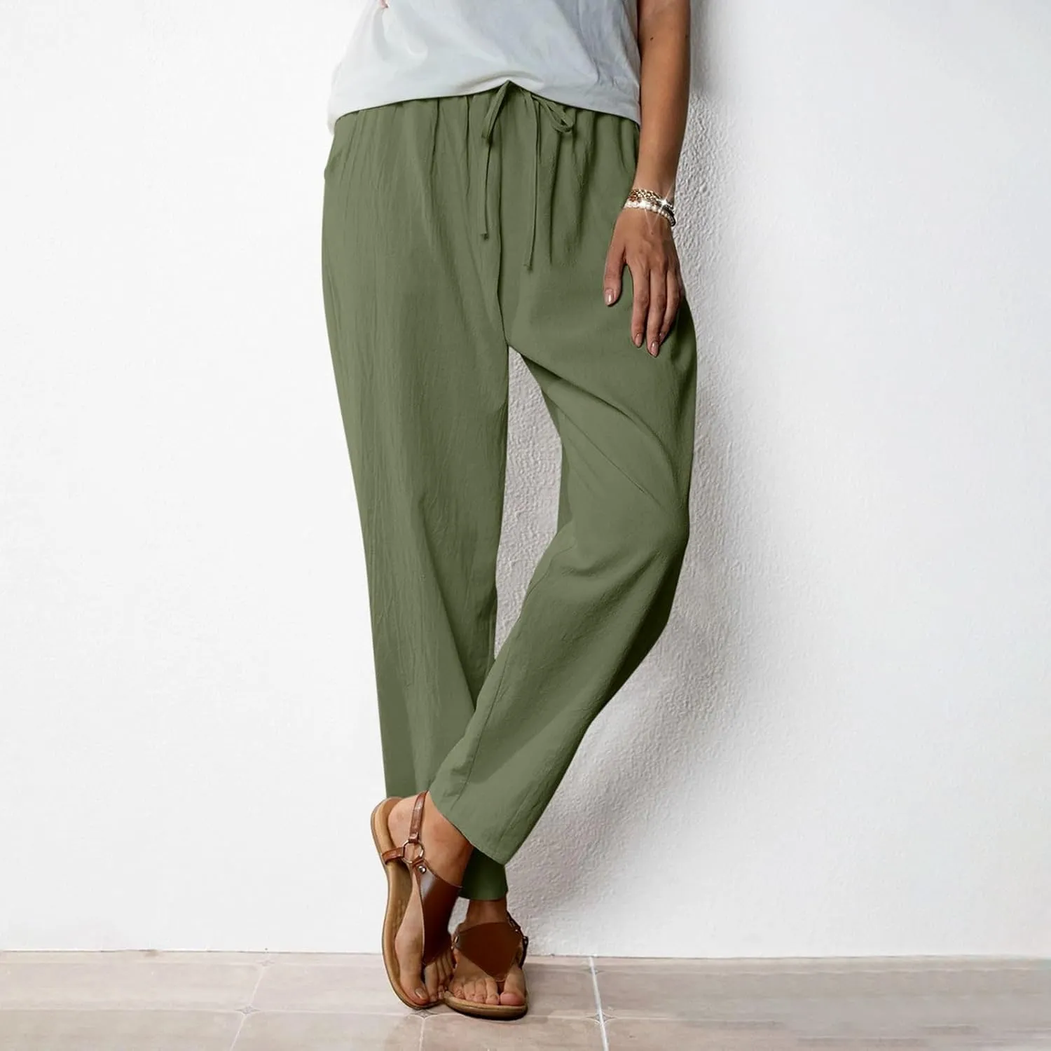 JOAU Linen Pants for Women 2025 Summer Cotton Straight Leg Drawstring High Waisted Palazzo Trousers Lounge Beach Resort Wear