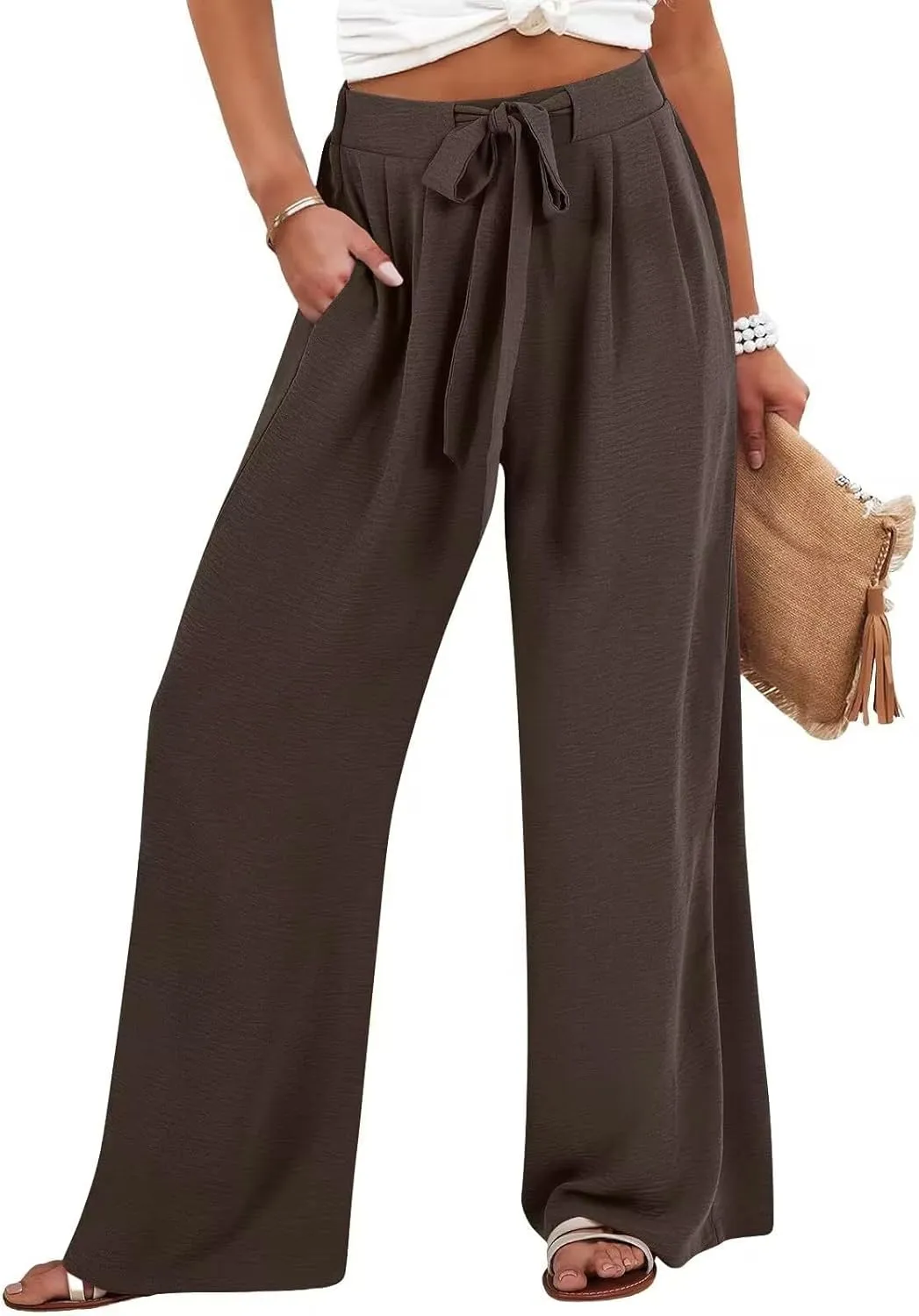 JOAU Women Wide Leg Palazzo Pants Summer High Waist Flowy Casual Trousers Dressy Loose Lounge Beach Vacation Belted Pants