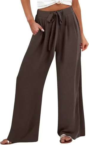 JOAU Women Wide Leg Palazzo Pants Summer High Waist Flowy Casual Trousers Dressy Loose Lounge Beach Vacation Belted Pants