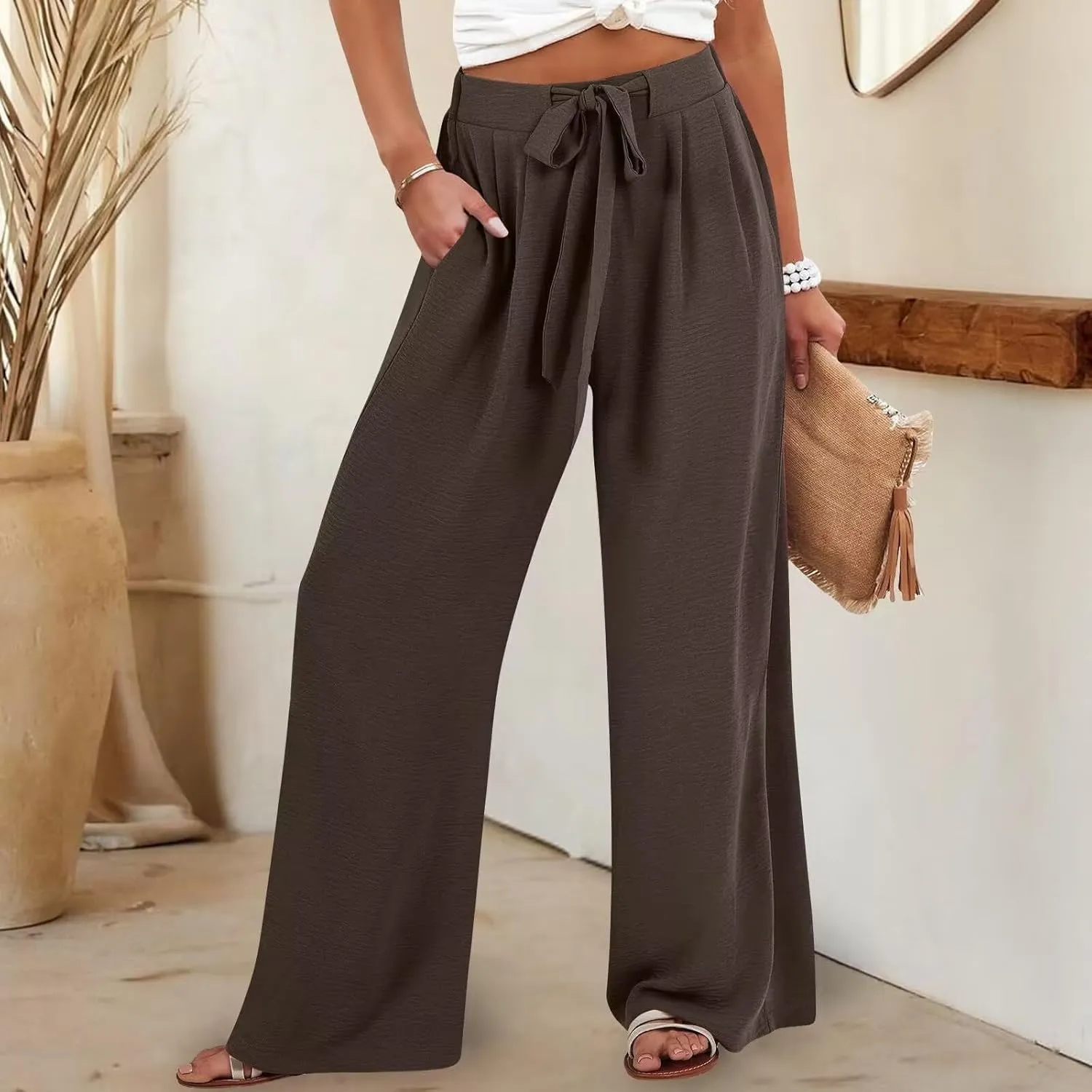 JOAU Women Wide Leg Palazzo Pants Summer High Waist Flowy Casual Trousers Dressy Loose Lounge Beach Vacation Belted Pants