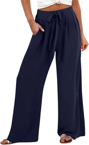 JOAU Women Wide Leg Palazzo Pants Summer High Waist Flowy Casual Trousers Dressy Loose Lounge Beach Vacation Belted Pants