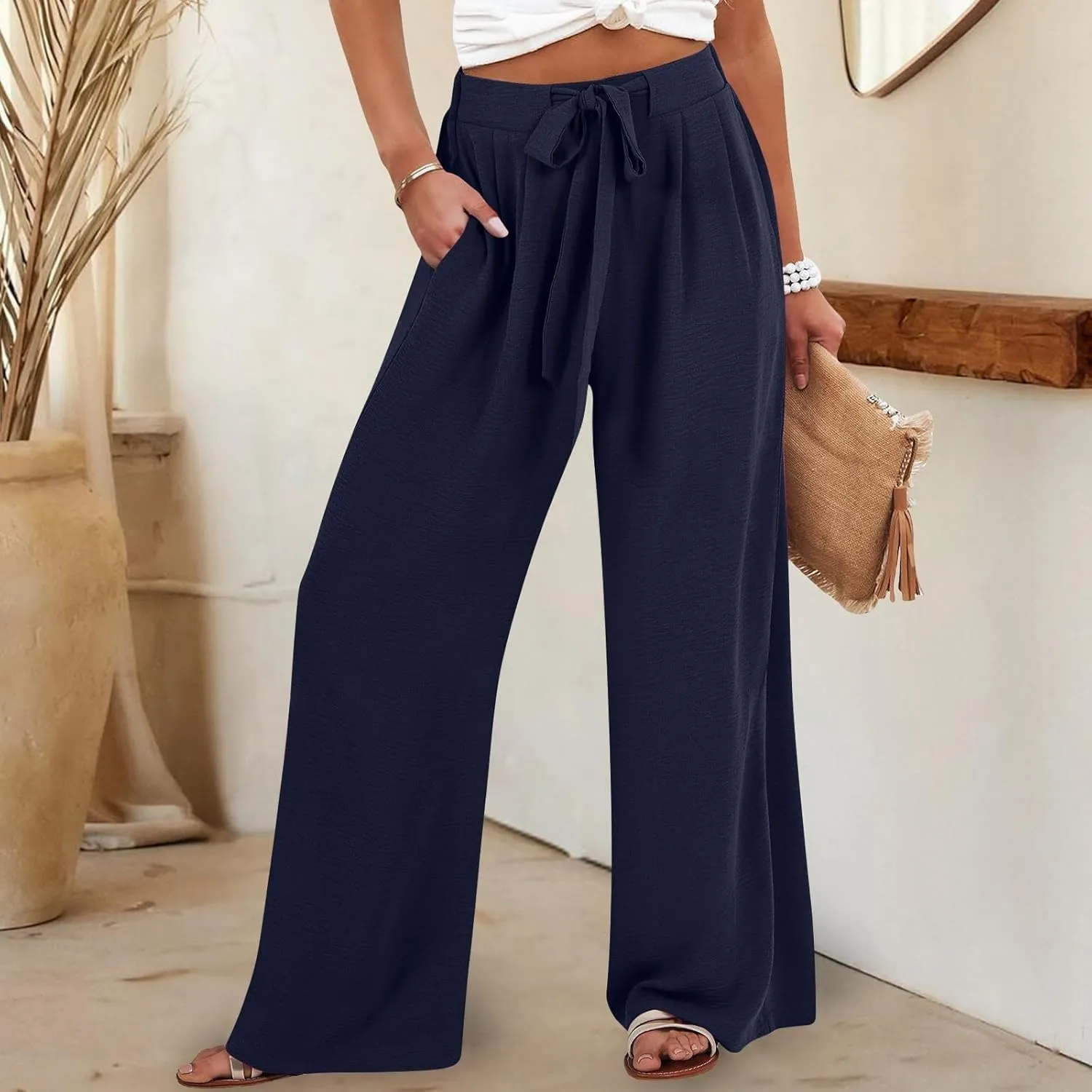 JOAU Women Wide Leg Palazzo Pants Summer High Waist Flowy Casual Trousers Dressy Loose Lounge Beach Vacation Belted Pants
