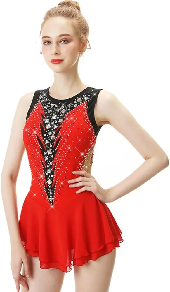 JRUIA Girls' Sleeveless Figure Skating Dress Crystal Rhythmic Gymnastics Ballet Leotards Ice Skating Performance Costume