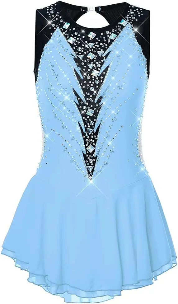 JRUIA Girls' Sleeveless Figure Skating Dress Crystal Rhythmic Gymnastics Ballet Leotards Ice Skating Performance Costume